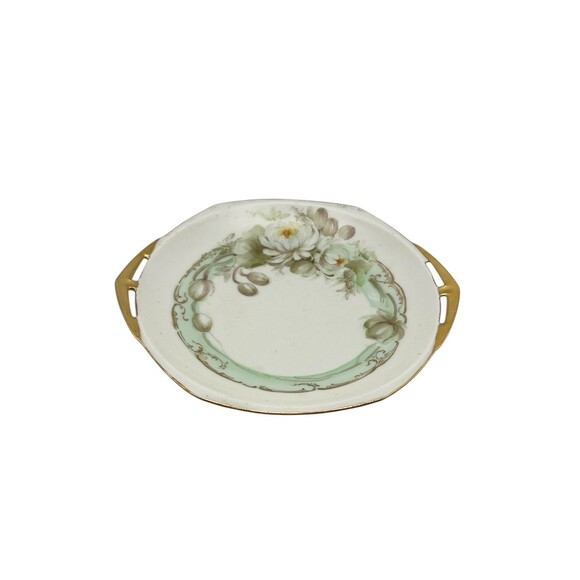 Antique MZ Austria 6.5” Porcelain Plate Floral White Gold Trim Pierced Handles - Picture 8 of 8